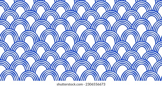 Abstrakte blaue Wellenform nahtlose Mustergrafik. Vintage asianische Meereswasserhintergrund im handgezeichneten Stil der Malerei. Traditionelle japanische Ziertextur, wiederholbare orientalische Tapete.