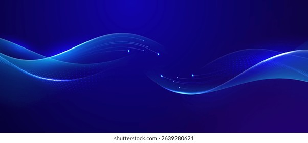 Abstract blue waves with glowing particles on dark background