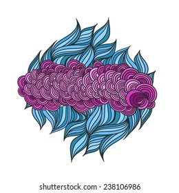 Abstract blue waves and pink circles, hand-drawn