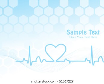 abstract blue wavy background with heart beat and sample text