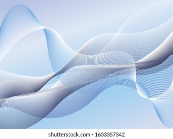 Abstract blue wavy background. Light air waves pass through the entire background. 3D Vector.