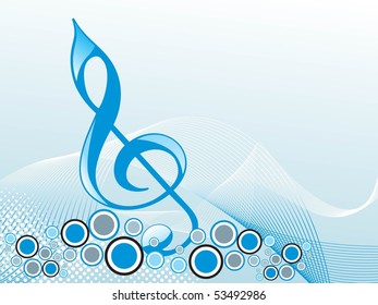 abstract blue wavy, circle background with musical notes