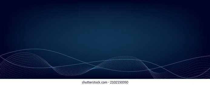 Abstract blue wavy curved lines, texture on gradient technology wide panorama background with dots. Digital data visualization. Tech, business, science concept. Use for banner, presentation, template.