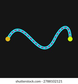 Abstract blue wavy data line with pink dashed path connecting two circular nodes on dark black background illustration