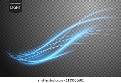 Abstract blue wavy line of light with a transparent background, isolated and easy to edit. Vector Illustration