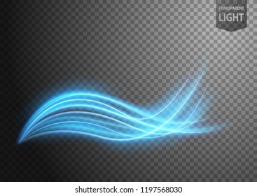 Abstract blue wavy line of light with a transparent background, isolated and easy to edit. Vector Illustration