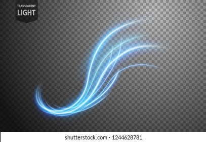 Abstract blue wavy line of light with a transparent background, isolated and easy to edit. Vector Illustration
