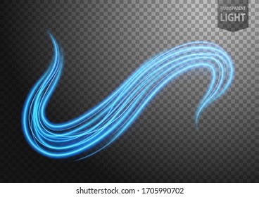 Abstract blue wavy line of light with a transparent background, isolated and easy to edit. Vector Illustration