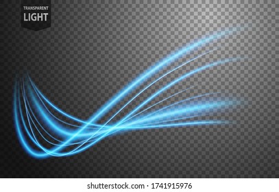 Abstract blue wavy line of light with a transparent background, isolated and easy to edit. Vector Illustration