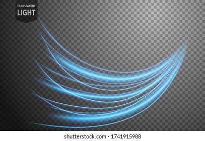 Abstract blue wavy line of light with a transparent background, isolated and easy to edit. Vector Illustration