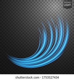 Abstract blue wavy line of light with a transparent background, isolated and easy to edit. Vector Illustration