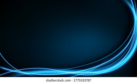 Abstract blue wavy line of light on dark blue background. Neon motion effect widescreen ratio. Vector Illustration