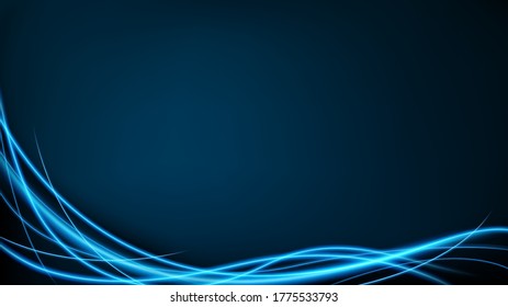 Abstract blue wavy line of light on dark blue background. Neon motion effect widescreen ratio. Vector Illustration