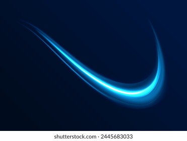 Abstract blue wavy line of light with a transparent background. Light glowing effect. Light trail wave, fire path trace line and incandescence curve twirl.	
