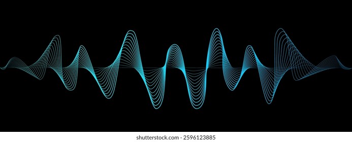 Abstract blue wavy lines of the sound wave. Dynamic gradient pulsating wave. Musical neon concept, symbols of the frequency of digital music. Vector illustration on a black background