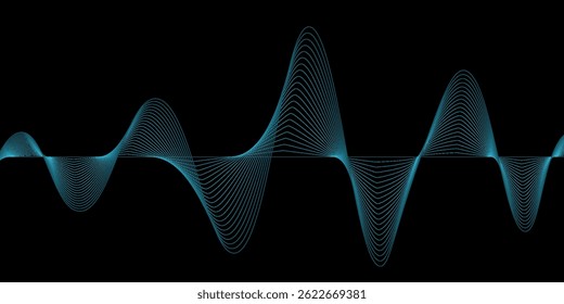 Abstract blue wavy lines of the sound wave. Dynamic gradient pulsating wave. Musical neon concept, symbols of the frequency of digital music. Vector illustration on a black background
