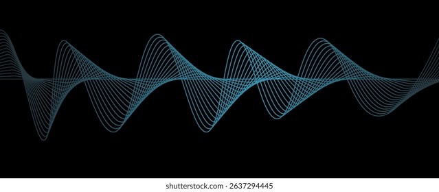 Abstract blue wavy lines of the sound wave. Dynamic gradient pulsating wave. Musical neon concept, symbols of the frequency of digital music. Vector illustration on a black background