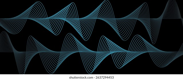 Abstract blue wavy lines of the sound wave. Dynamic gradient pulsating wave. Musical neon concept, symbols of the frequency of digital music. Vector illustration on a black background