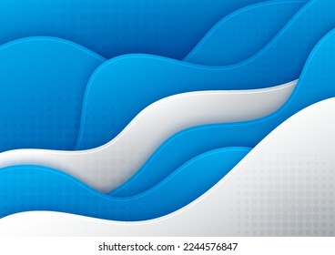 Abstract blue wavy pattern design of sea with white stripe template. Overlapping with shadow 3D style background. Vector