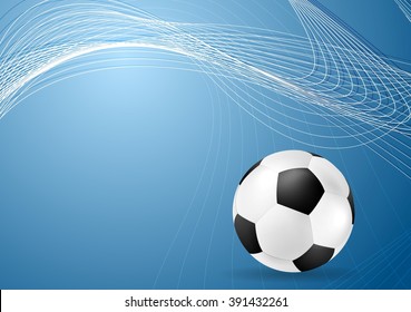 Abstract blue wavy soccer background with ball. Vector graphic sport design