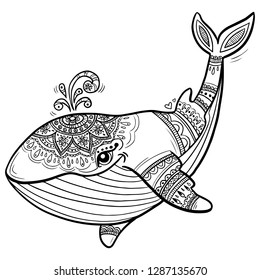 Abstract blue whale. Carved blue whale. Stylized fantasy patterned whale. Hand drawn vector illustration with traditional oriental floral elements. 