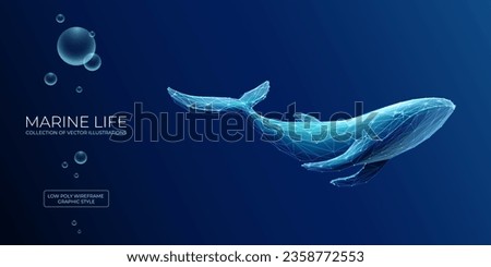 Abstract blue whale underwater in polygons on a technology blue background. Low poly wireframe marine life concept. Polygonal futuristic vector illustration with 3D effect. Modern geometric style.
