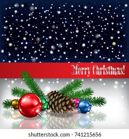 Abstract blue white background with Christmas decorations and pine cone