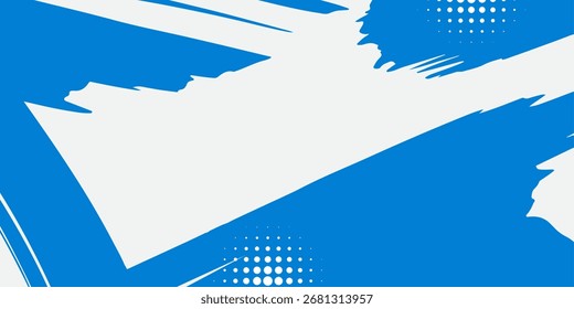 Abstract blue and white background with paint strokes and halftone circles.