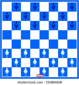 abstract blue white chess board with checkers figures isolated on white background. vector illustration