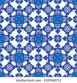 Abstract blue and white damask flower tile seamless ornamental vector pattern. Elegant Mediterranean texture for fabric and wallpapers, ceramic tiles, backgrounds and page fill.