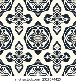 Abstract blue and white design with art nouveau and art deco influences, showcasing a seamless pattern and symmetrical elements.