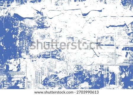 Abstract blue and white distressed newspaper texture with torn paper and scattered text fragments vector