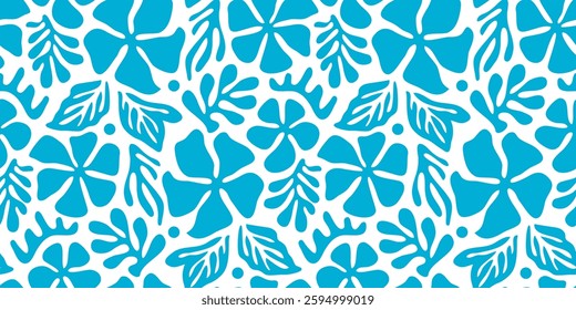 Abstract blue and white floral art seamless pattern. Trendy contemporary floral nature shape background illustration. Natural organic plants leaves prints artwork wallpaper. Vintage spring