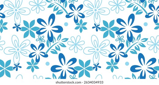 Abstract blue and white floral art seamless pattern. Trendy contemporary floral nature shape background illustration. Natural organic plants leaves prints artwork wallpaper. Vintage spring