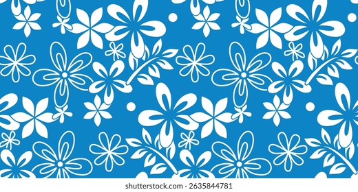 Abstract blue and white floral art seamless pattern. Trendy contemporary floral nature shape background illustration. Natural organic plants leaves prints artwork wallpaper. Vintage spring