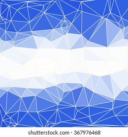 Abstract blue and white geometric background consisting of colored triangles and light mesh. Square format.