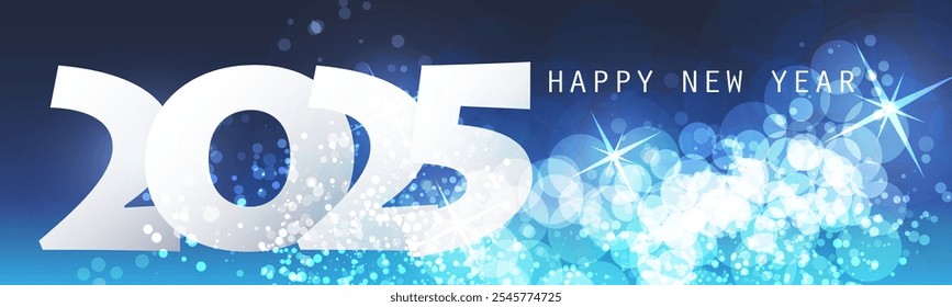 Abstract Blue and White Glossy Horizontal Christmas, New Year Header or Banner, Sparkling Vector Design with Glossy White Icy Frozen Crystals Pattern for Year 2025