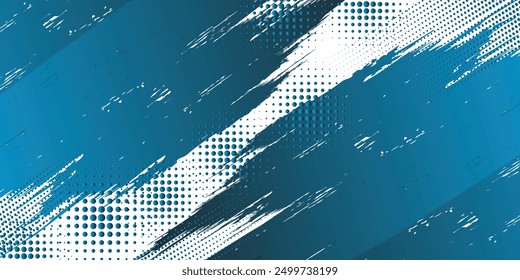 Abstractas fondo de grunge azul y blanco con estilo de semitono. Ilustración de trazo de pincel para Anuncio, póster o deportes. Elementos de rasguño y textura para el diseño