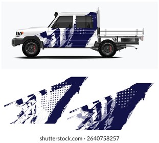 Abstract blue and white grunge design wrap for a Toyota Hilux ute. Perfect for off-road vehicle graphics.