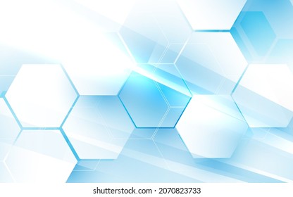 Abstrakter, blauer und weißer sechseckiger Hintergrund. Technologie und Hintergrund des Gesundheitskonzepts. Vektorgrafik