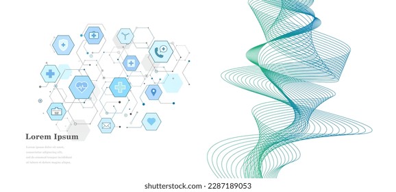 abstract blue white hexagon, health care icon pattern background, scientific technology, DNA wave