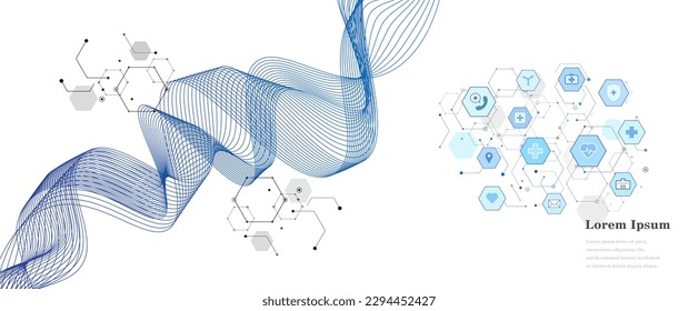 hexágono blanco azul abstracto, fondo de patrón de icono de atención de la salud, tecnología científica, onda de ADN