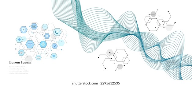 hexágono blanco azul abstracto, fondo de patrón de icono de atención de la salud, tecnología científica, onda de ADN