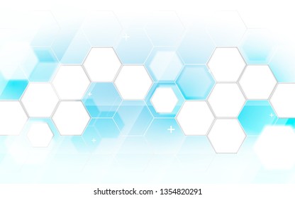 Abstract blue and white hexagons shape and lines with science concept background