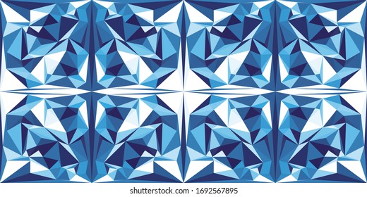 Abstract blue and white kaleidoscopic ornament. White-blue triangular background. Polygonal Mosaic, Low Poly Style, Vector illustration.