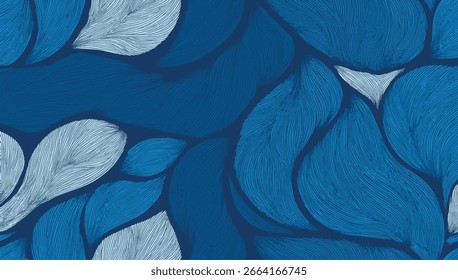 Abstraktes blaues und weißes Blattvenenmuster mit fließenden organischen Formen und feinen Linien, das eine moderne und elegante botanische Textur schafft, ideal für Hintergründe, Textilien und dekorative Designs.