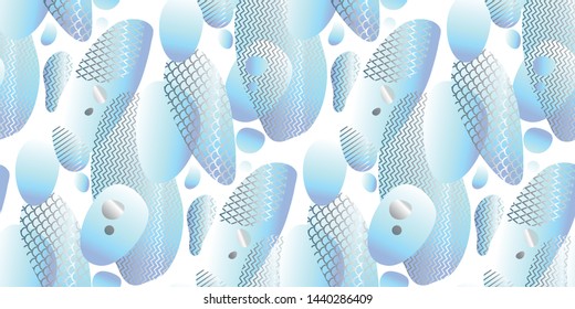 Abstract blue and white liquid spot seamless pattern. Repeatable motif inspired by fish scales and cold sea water. For fabric, background, surface design, web and print projects.  