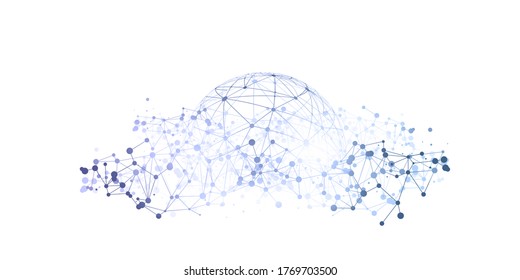 Abstract Blue and White Minimal Style Cloud Computing, Networks Structure, Telecommunications Concept Design, Network Connections, Transparent Geometric Mesh - Vector Illustration