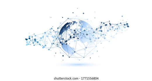 Abstract Blue and White Minimal Style Cloud Computing, Networks Structure, Telecommunications Concept Design, Network Connections, Transparent Geometric Mesh, Earth Globe - Vector Illustration