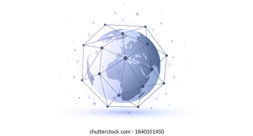 Abstract Blue and White Minimal Style Cloud Computing, Networks Structure, Telecommunications Concept Design, Network Connections, Transparent Geometric Mesh, Earth Globe - Vector Illustration